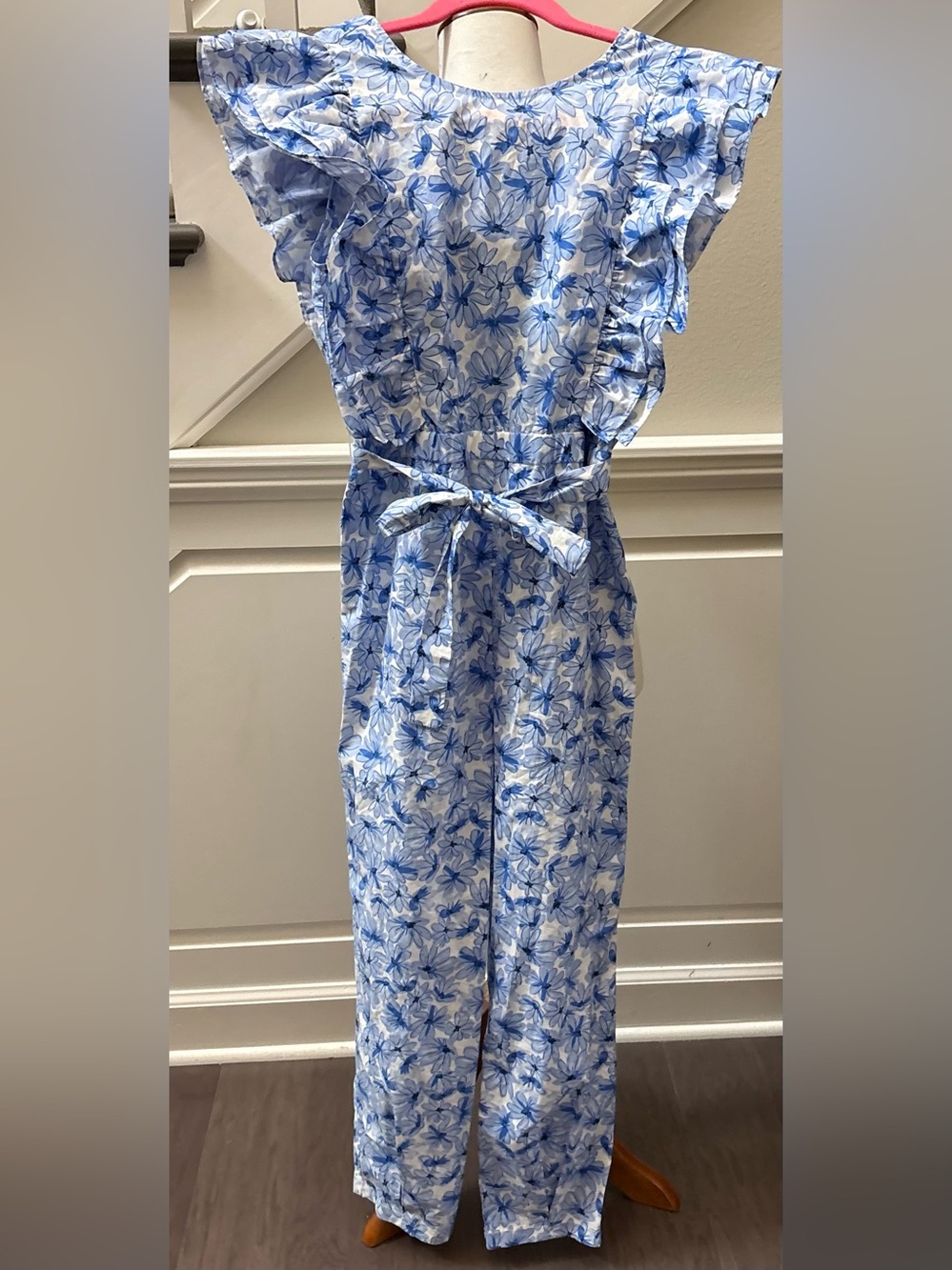 Zara Ruffle Sleeve Cotton Girls Floral Blue & White Jumpsuit Size 13-14-NWOT